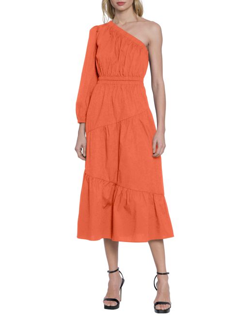 DONNA MORGAN FOR MAGGY Orange Tiered One-shoulder Long Sleeve Maxi Dress