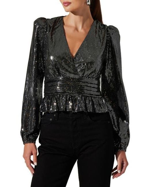 Astr Black Metallic Sequin Long Sleeve Peplum Top