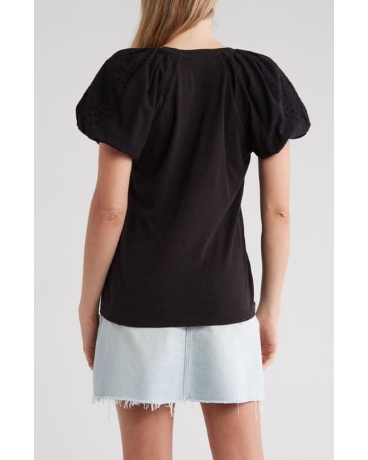 7 For All Mankind Black Puff Sleeve Mixed Media Top