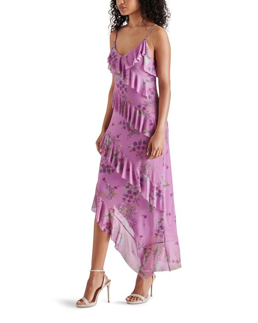 Steve Madden Purple Aida Floral Print Ruffle Sleeveless Asymmetric Midi Dress