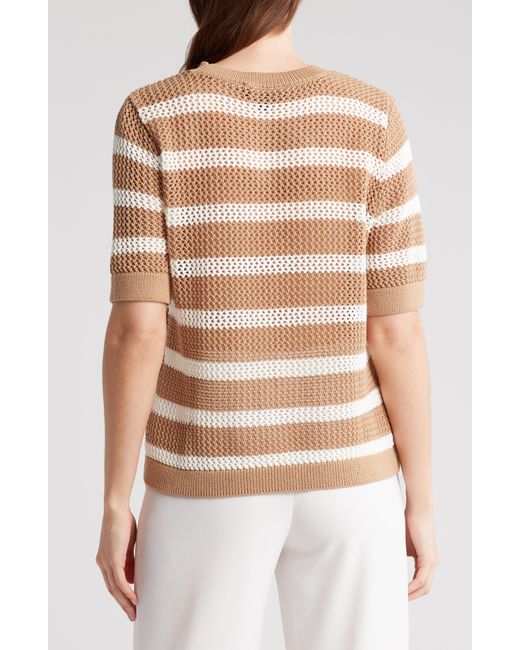 Laundry by Shelli Segal Multicolor Open Weave Stripe Short Sleeve Sweater