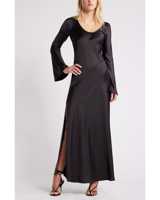 Open Edit Black Long Sleeve Bias Cut Satin Maxi Dress