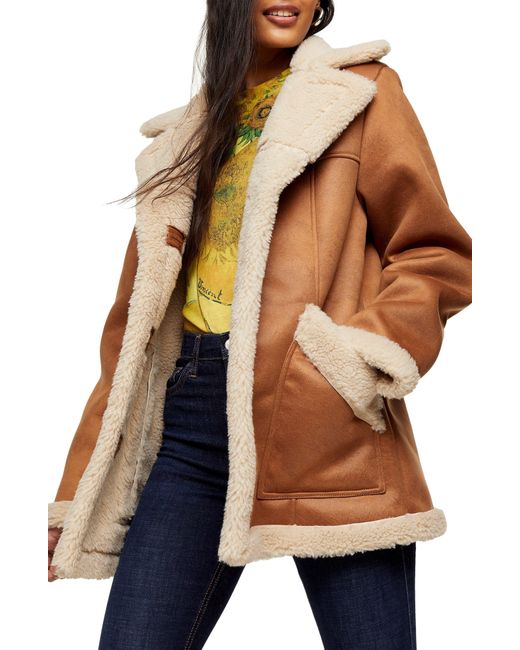 TOPSHOP Brown Steve Faux Shearling Car Coat