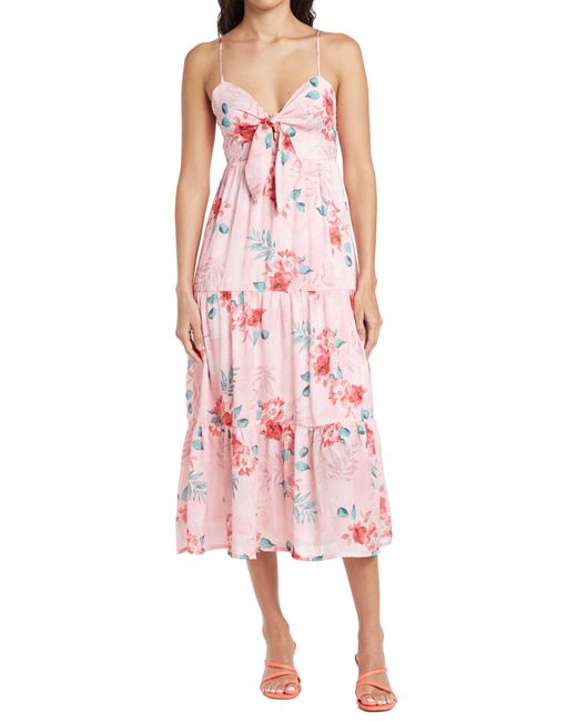 NSR Tie Front Printed Midi Dress In Pink Water Color At Nordstrom