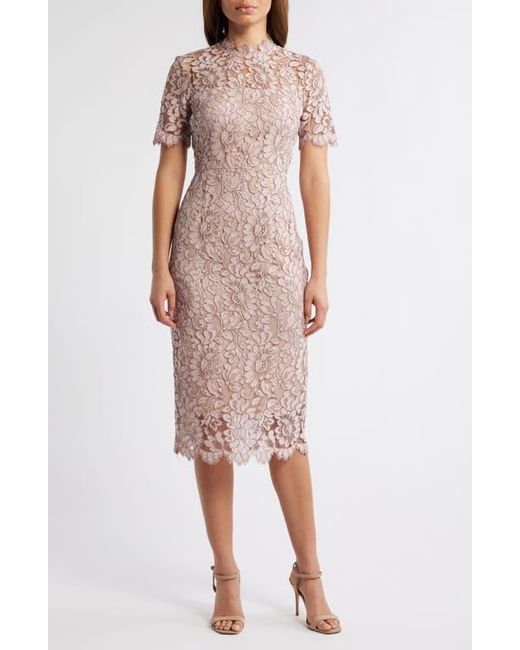 Eliza J Illusion Lace Midi Sheath Dress in Pink | Lyst