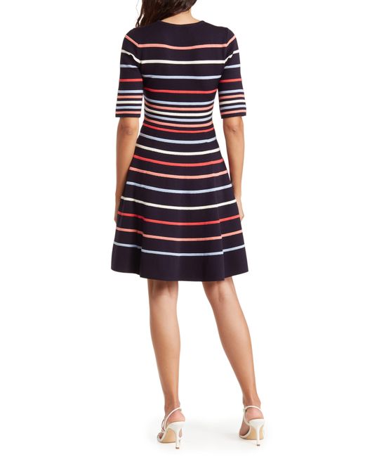 Vince Camuto Black Stripe Elbow Sleeve Fit & Flare Dress
