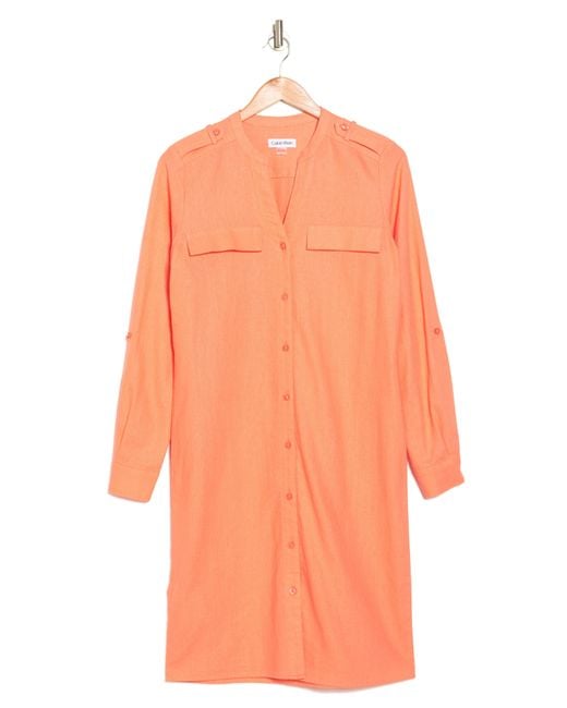 Calvin Klein Orange Front Button Long Sleeve Linen Blend Dress
