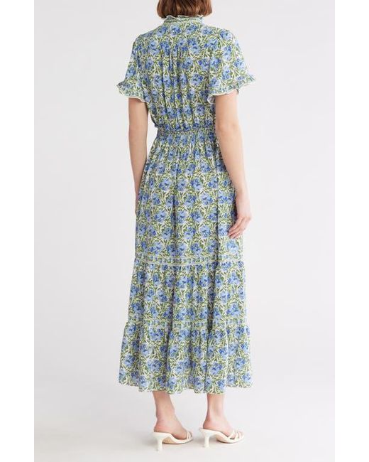 Max Studio Blue Smocked Flutter Sleeve Maxi Dress