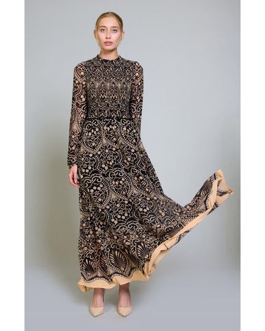 MELLODAY Smocked Long Sleeve Chiffon Maxi Dress in Brown | Lyst