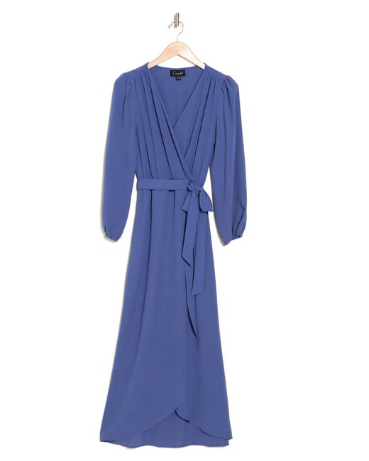 Connected Apparel Blue Faux Wrap Long Sleeve Maxi Dress