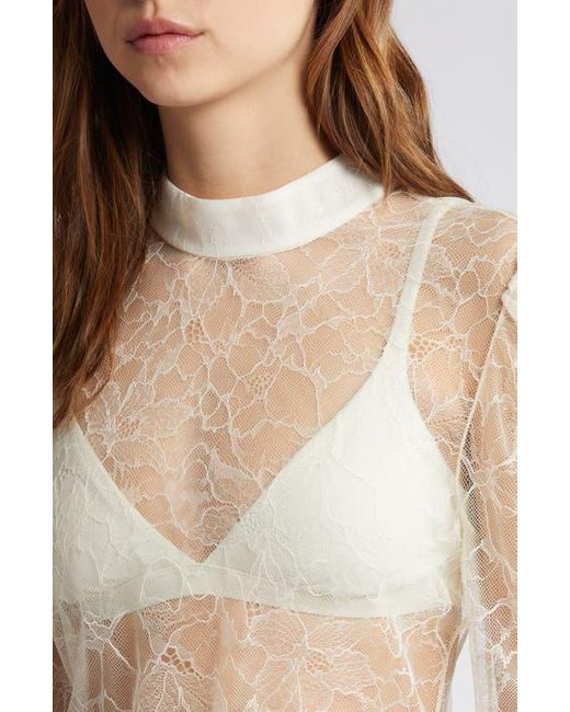 FRAME Blue Sheer Lace Mock Neck Top