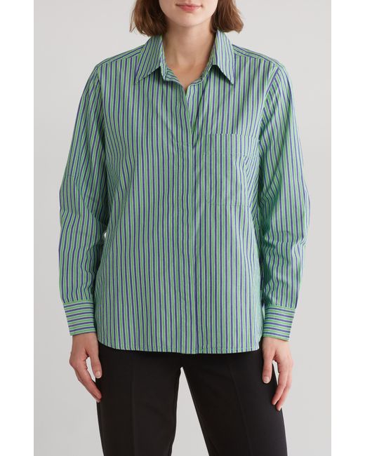 French Connection Green Stripe Cotton Poplin Button-up Boyfriend Shirt
