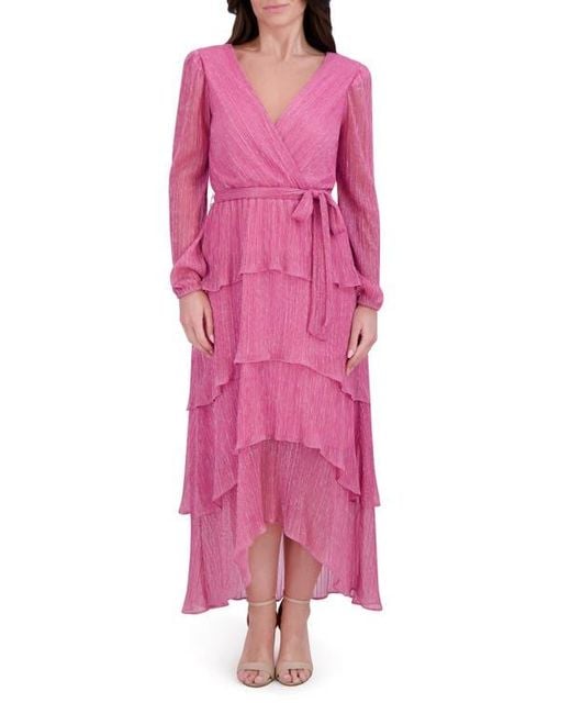 Kensie Pink Shimmer Knit Long Sleeve Tiered Ruffle Dress