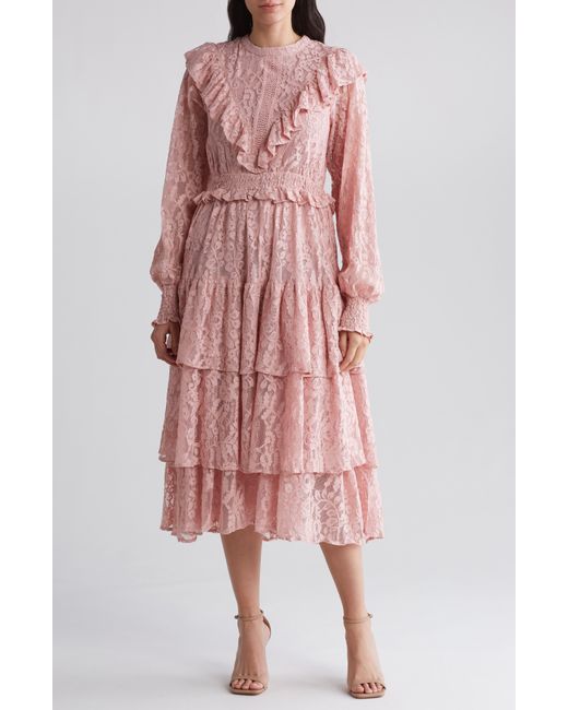 Rachel Parcell Pink Long Sleeve Ruffle Lace Midi Dress