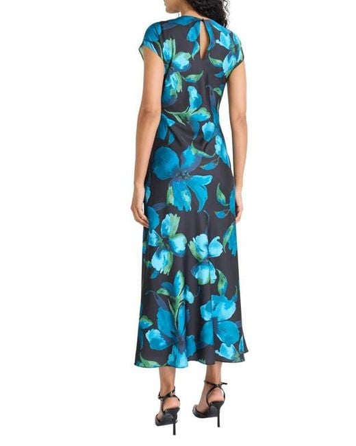 Maggy London Blue Floral Cap Sleeve A-Line Maxi Dress