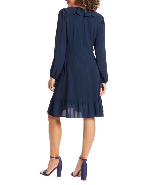 London Times Blue Catalina Long Sleeve Ruffle Wrap Dress