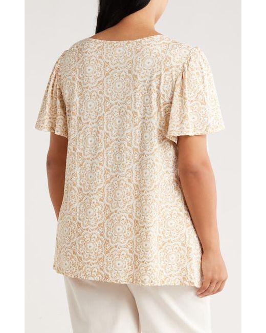 Ruby Rd Natural Embroidered Puff Print Flutter Sleeve T-Shirt