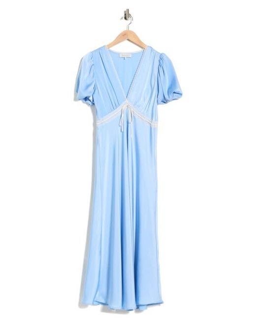wayf blue lace dress Wayf Lace Trim Puff Sleeve Midi Dress in Blue