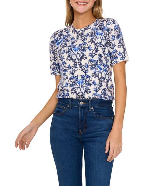 Cece Blue Vanna Floral Short Sleeve Crop Sweater