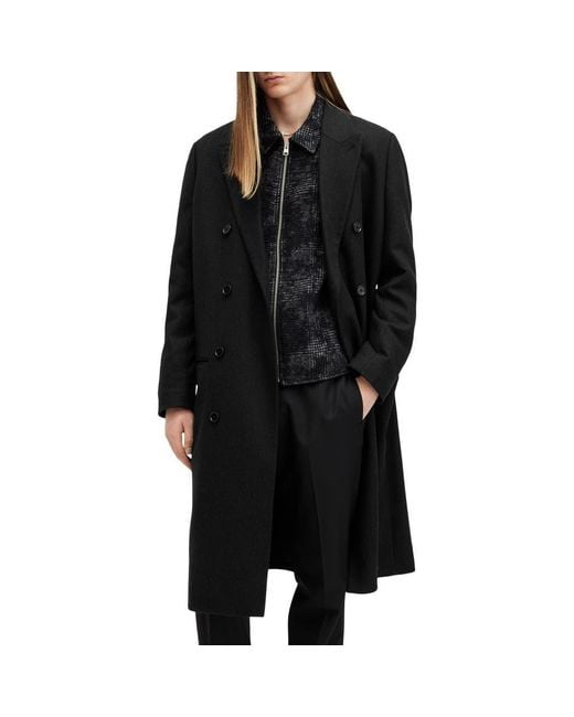 AllSaints Black Arcade Double Breasted Wool Blend Topcoat for men
