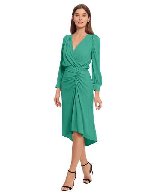 Maggy London Green Ruched Long Sleeve High-low Midi Dress