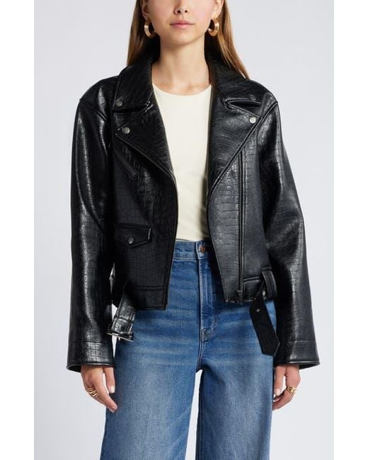 Open Edit Belted Oversize Croc Embossed Faux Leather Moto