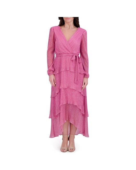 Kensie Pink Shimmer Knit Long Sleeve Tiered Ruffle Dress