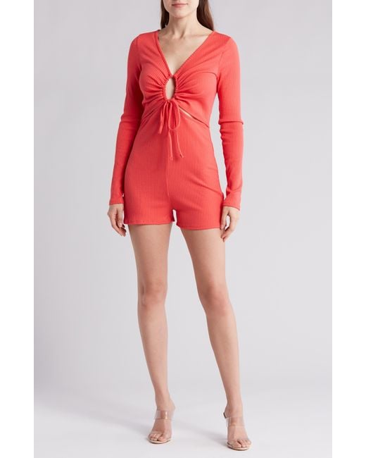 Lulus Red Laid Back Vibes Cutout Long Sleeve Romper