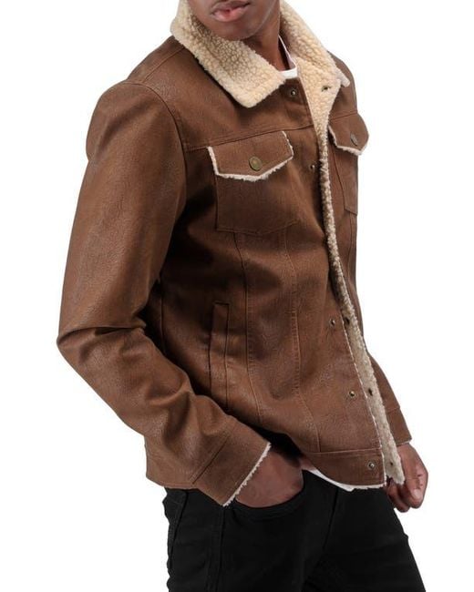 Xray Jeans Brown Faux Shearling Lined Trucker Jacket for men