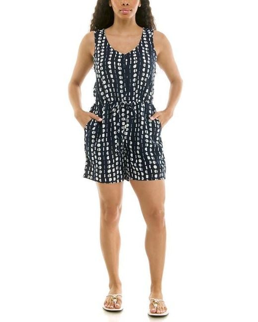 Nina Leonard Blue Patterned Woven Romper