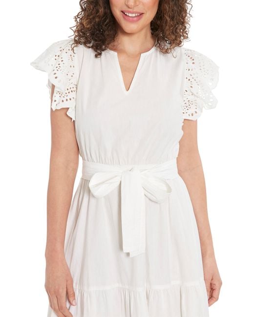 London Times White Eyelet Flutter Sleeve Tiered Midi Dress