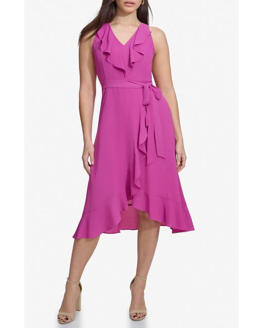 Kensie Pink Ruffle Trim Faux Wrap Dress