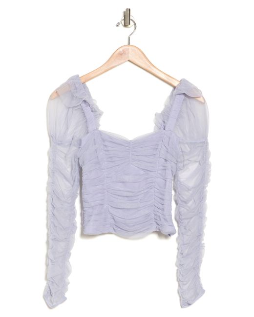 French Connection Blue Edrea Ruched Puff Shoulder Tulle Top