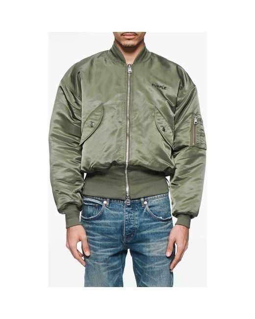 Purple Brand Green Zip Front Satin Bomber Jacke for men