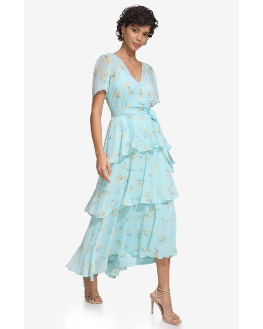 Calvin Klein Blue Floral Short Sleeve Tiered Chiffon Dress