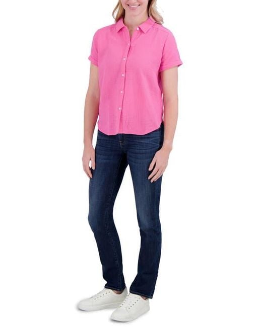 Lucky Brand Pink Short Sleeve Cotton Gauze Button-Up Shirt