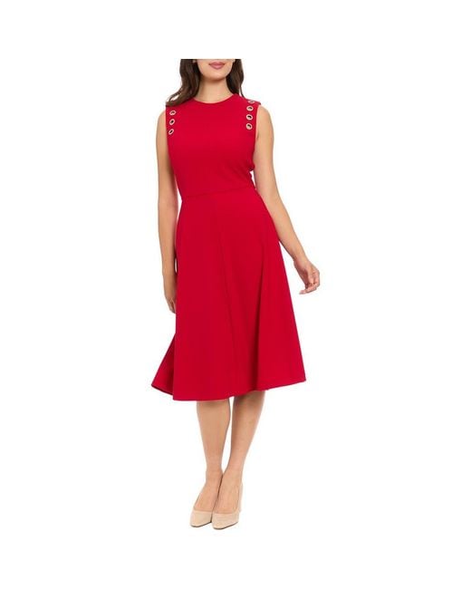 London Times Red Ottoman Grommet Sleeveless Midi Dress