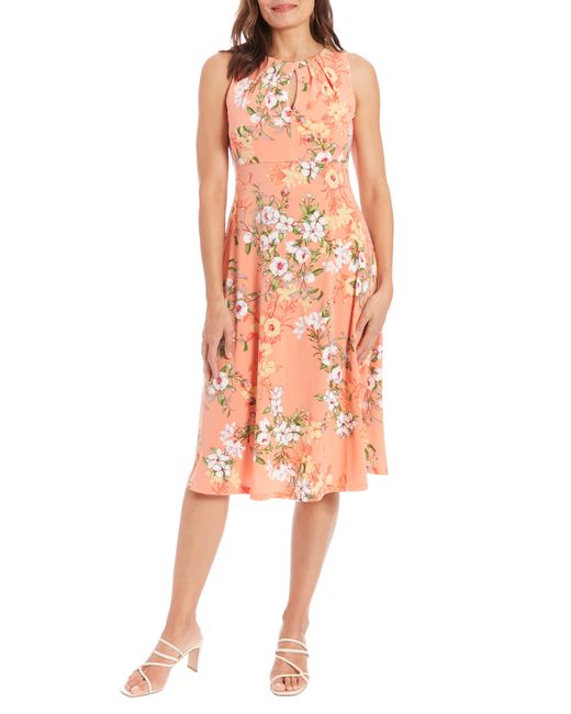 London Times Orange Garden Medley Floral Keyhole Sleeveless Midi Dress