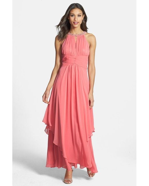 Elizabeth K - GL1046 Embellished Ruched Halter Neck Chiffon Dress