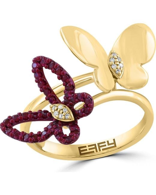 Effy Metallic Two-Tone Diamond & Ruby Butterfly Ring
