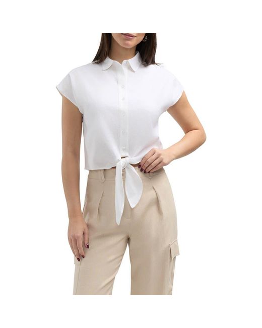Ellen Tracy White Tie Hem Button Front Top
