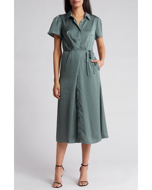 Nordstrom Green Collared Half Button Wrap Front Shirtdress