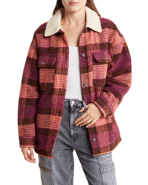 Roxy Red Passage Of Time Plaid Shacket With Faux Shearling Collar