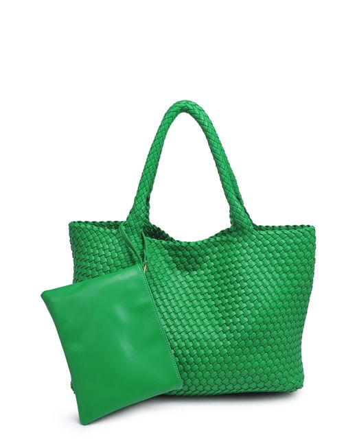 Moda Luxe Green Woven Unlined Tote Bag And Pouch