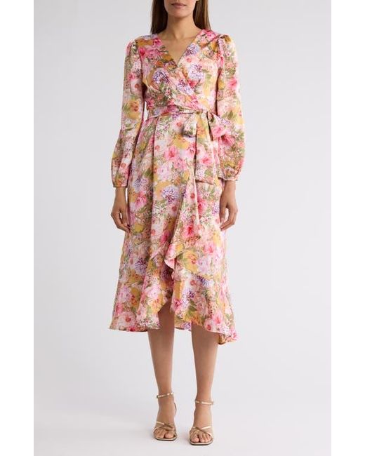 Tahari Pink Floral Long Sleeve Tie Waist Dress