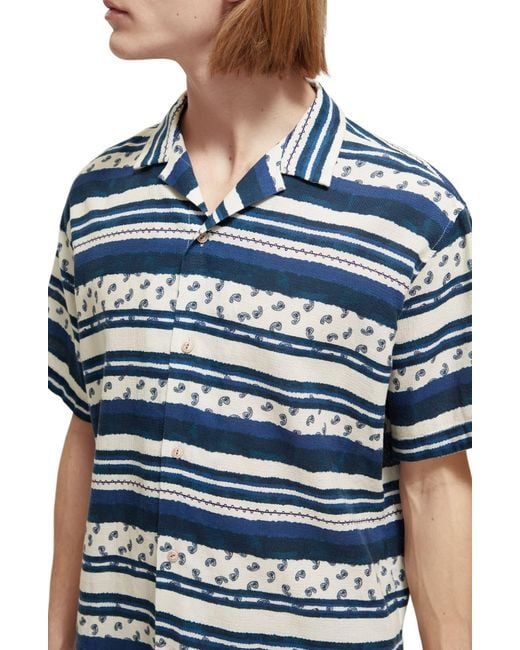 Scotch & Soda Blue Lightweight Waffle Stitch Short Sleeve Organic Cotton Button-up Shirt for men