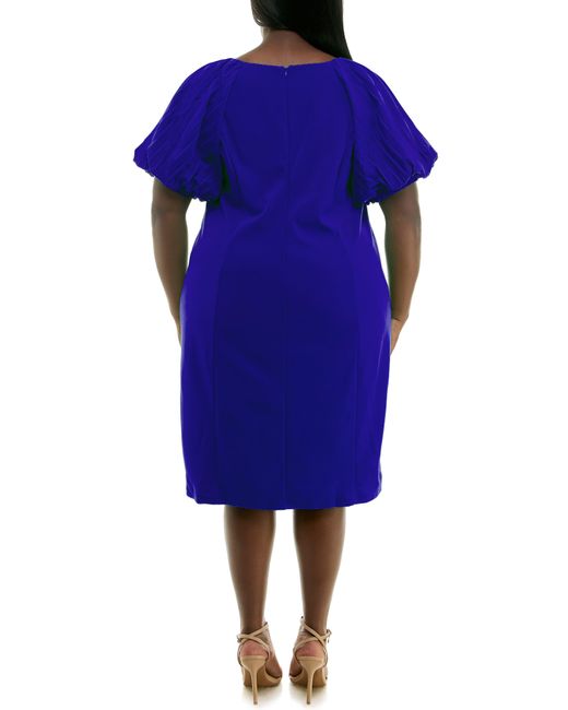 Nina Leonard Blue Pleat Puff Sleeve Midi Dress
