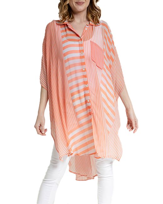 Saachi Pink Sheer Oversize Stripe Cover Up Shirt