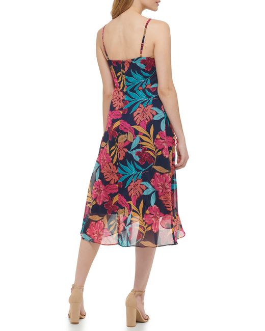 Kensie Red Tropical Print Ruffle Chiffon Midi Dress