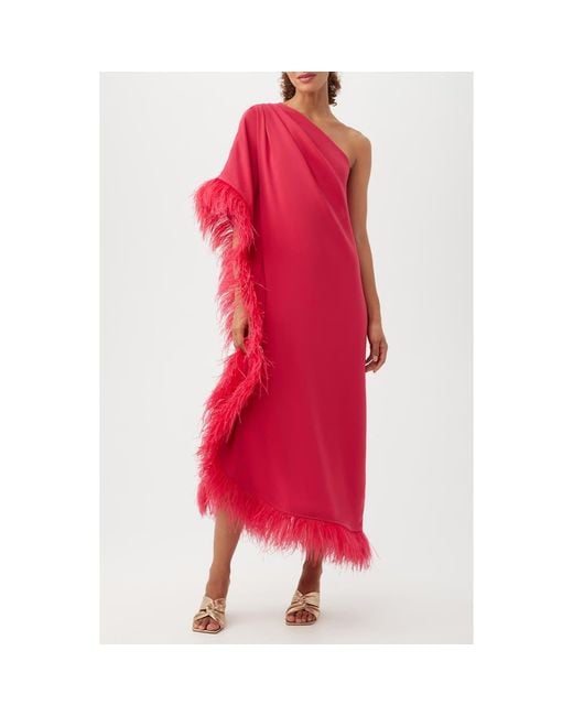 Trina Turk Women's Red Largo One-Shoulder Feather Trim Caftan Maxi